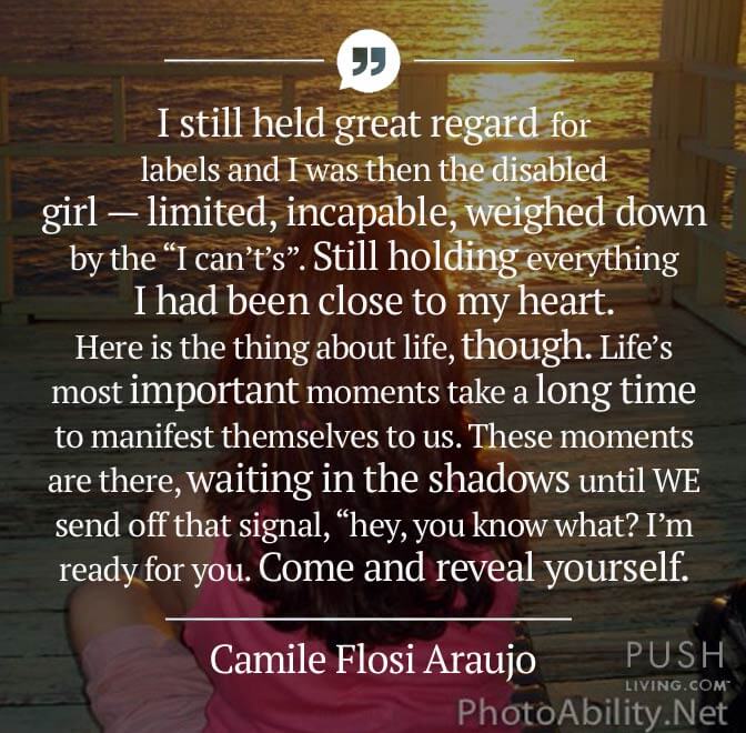 Camile-Flosi-Araujo A picture of a women in a pink shirt sitting by a water body at sunset with a quote written on it