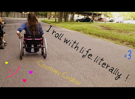image of a girl sitting on a wheelchair rolling on it on road with a quotation written on image