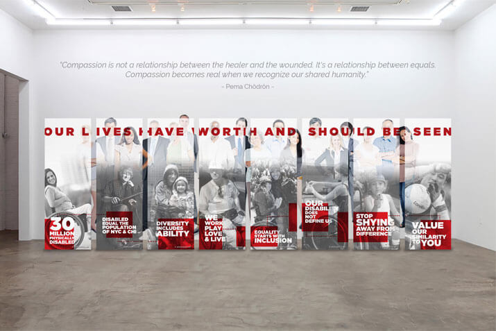 Posters showing people on wheelchair and declaring "our lives have worth and should be seen"