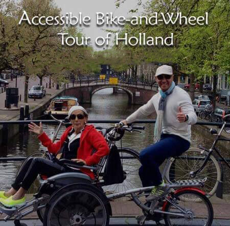 image of a woman sitting on a special disability bike with a tour guide riding it and smiling