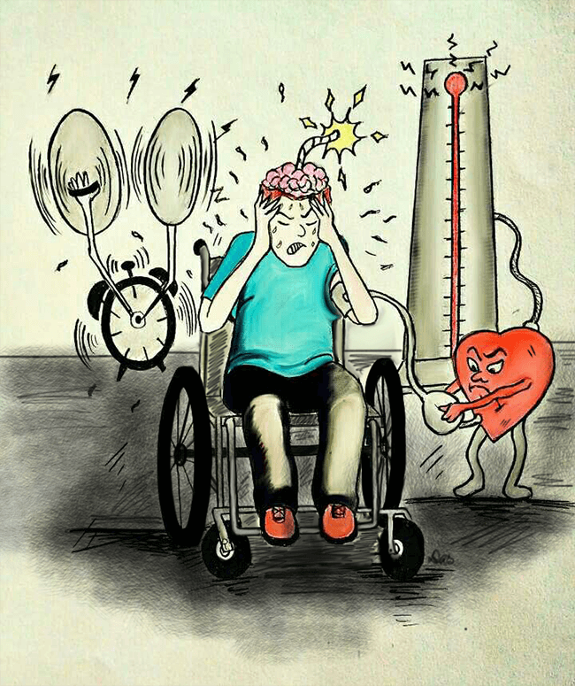 A cartoon boy sitting on a wheelchair with his hands on his head suffering from the onset-of-Dysreflexia