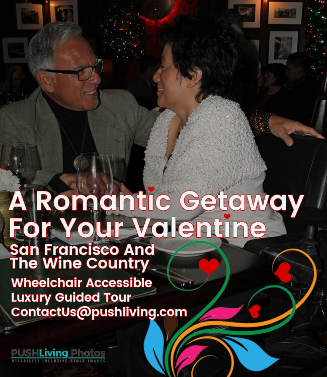 image of a old couple smiling and looking at each other with a getaway valentine quote