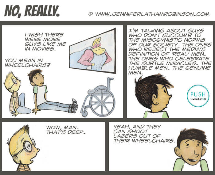 Two cartoon character boys sitting together watching a superhero movie and talking about real men