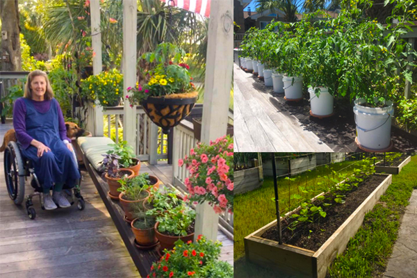 A woman in a wheelchair at an accessible garden A woman in a wheelchair at an accessible garden
