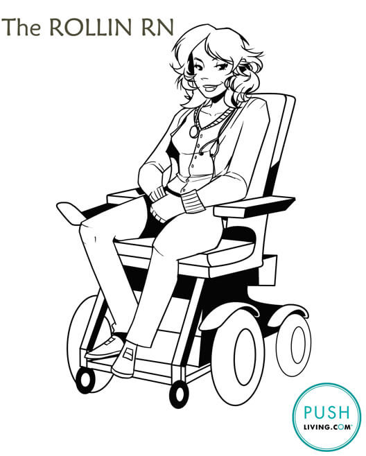 Cartonic drawing of a woman sitting on a wheelchair smiling