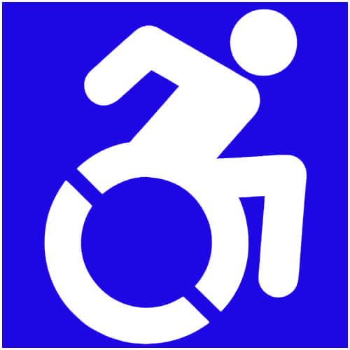 accessible icon of a man sitting on wheelchair and pulling it with blue background