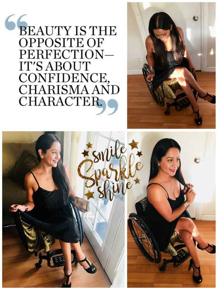 Disabled women sitting on a wheelchair wearing beautiful dress in multiple pictures