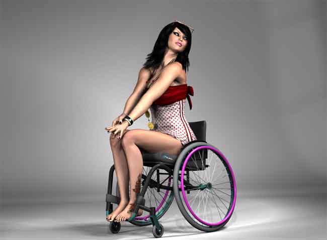 Kim is sitting on a Wheelchair and posing confidently